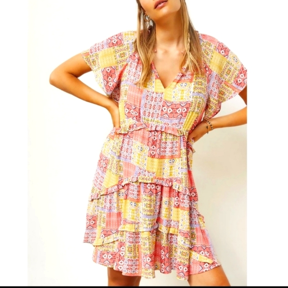 Anthropologie Robin Tiered red yellow floral mini sundress short sleeves Large - Picture 4 of 16